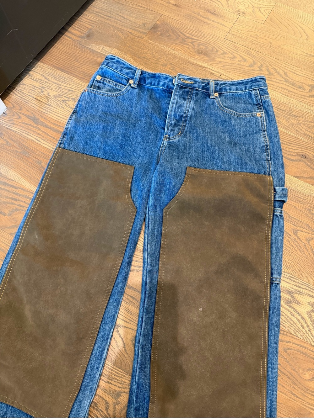 Relaxed Blue Denim Work Pants with Brown Leather Knee Panels